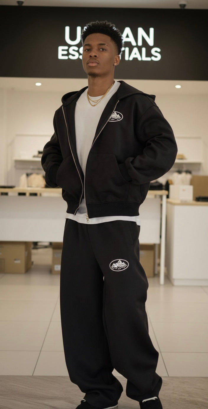 Urban Essentials Zip Hoodie Set – Black