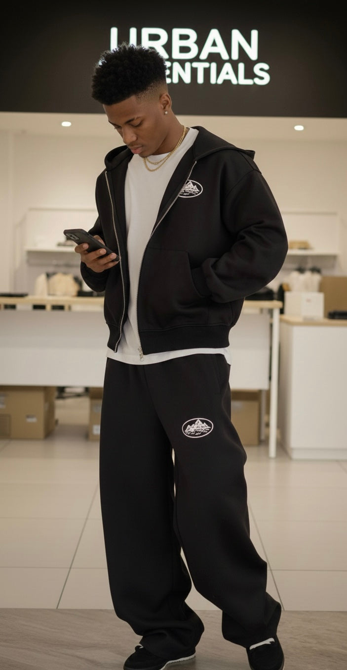 Urban Essentials Zip Hoodie Set – Black