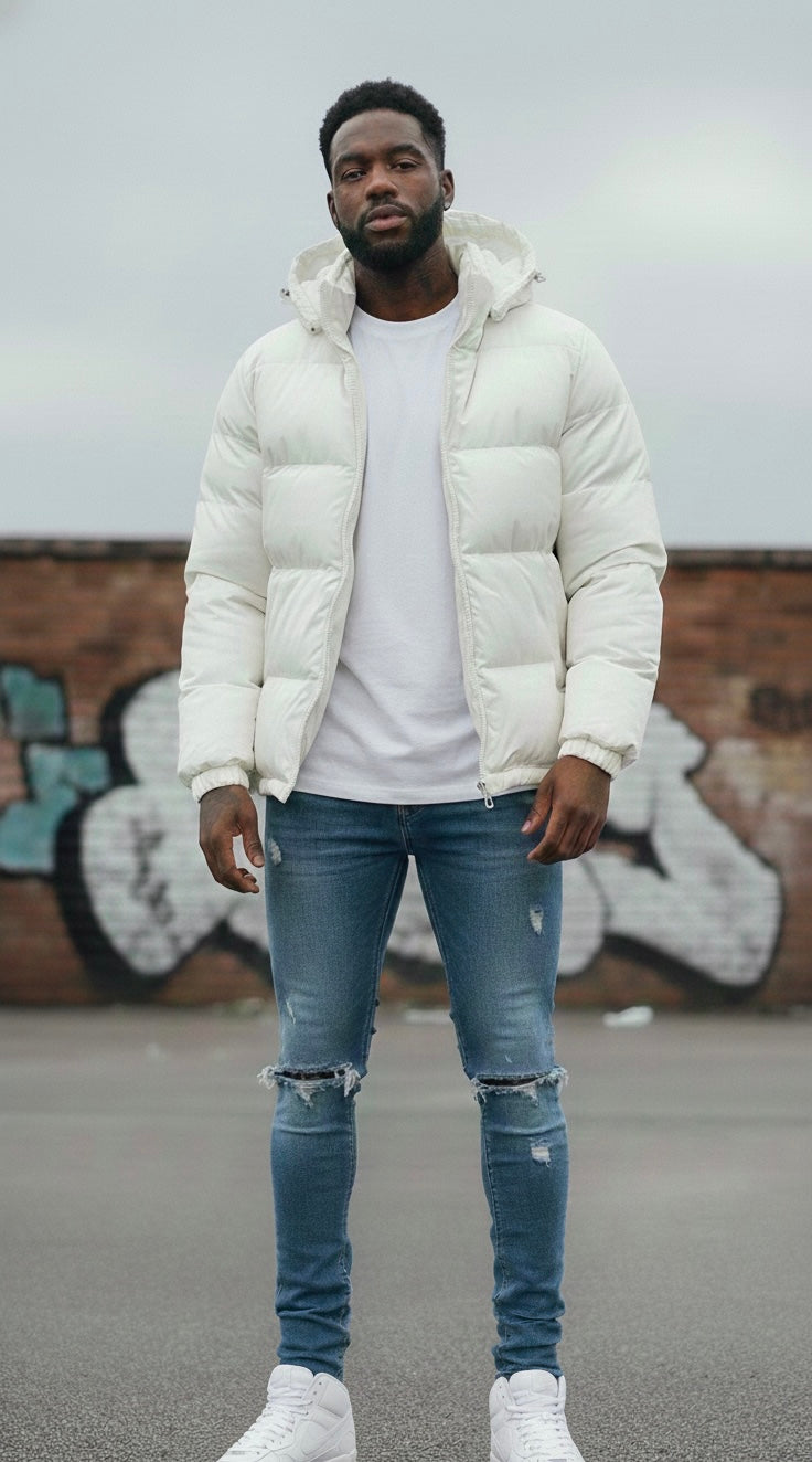 Men’s White Puffer Jacket – Hooded Winter Jacket