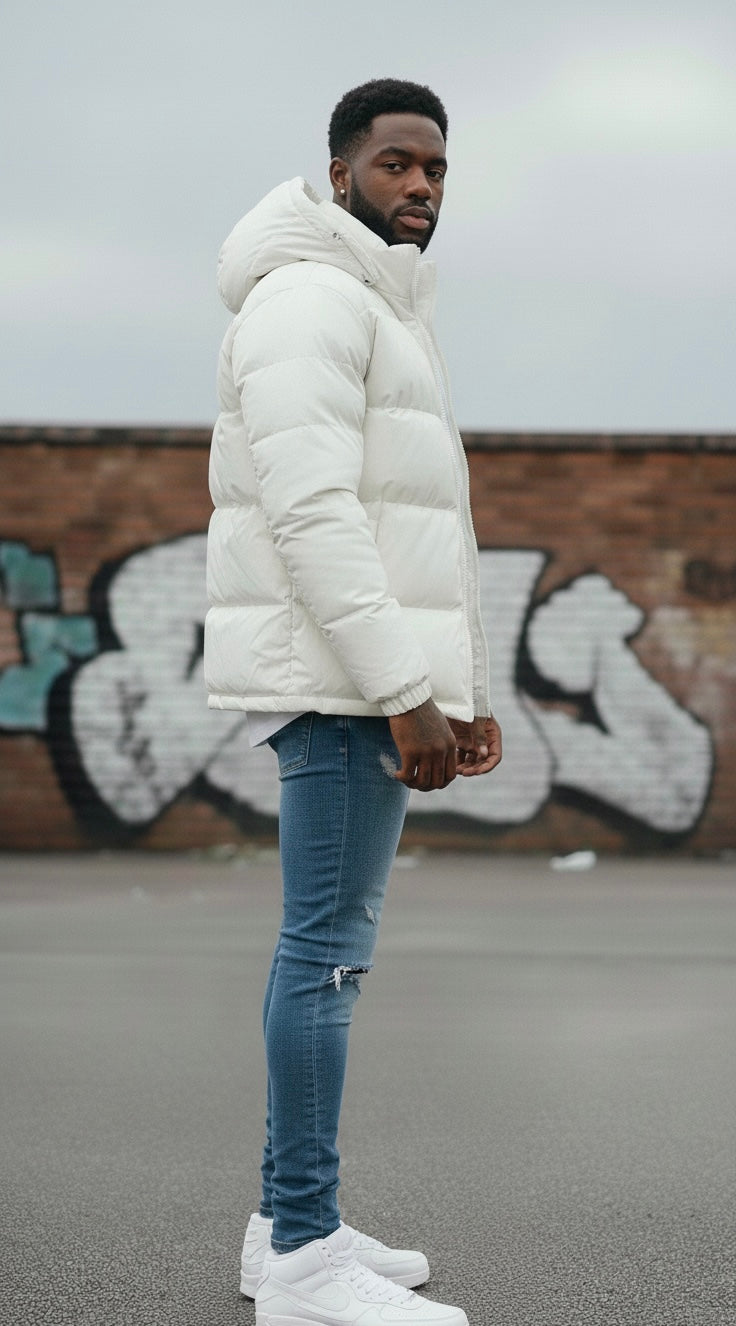 Men’s White Puffer Jacket – Hooded Winter Jacket