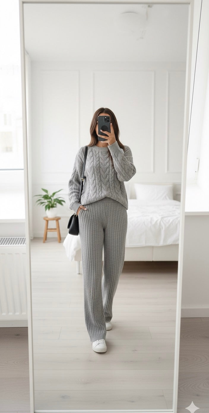 Cozy Knit Two-Piece Set – Ultra-Soft Ribbed Lounge Sweater & Pants (Grey)